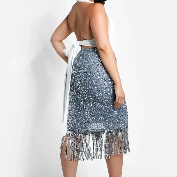 Silver Sequin Fringe Midi Skirt - Picture 1 of 5
